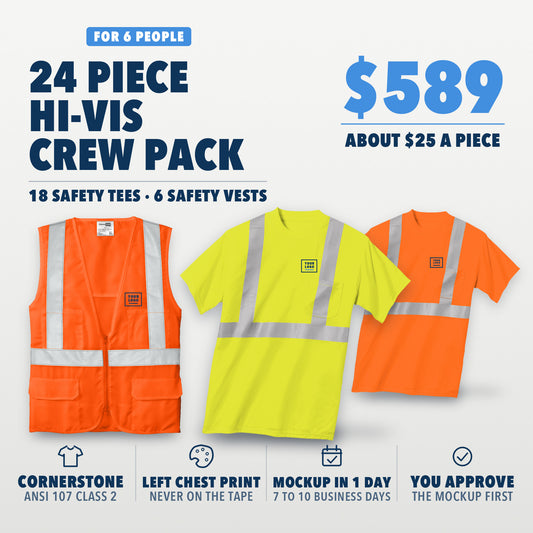 Hi-Vis Crew Pack 24: 24 pieces for 6 people, $589, about $25 a piece. 18 CornerStone CS401 Class 2 safety tees and 6 CornerStone CSV405 Class 2 mesh zip safety vests, your logo printed on the left chest, never on the reflective tape. Shown in safety yellow and safety orange, with your logo here boxes on the left chest.