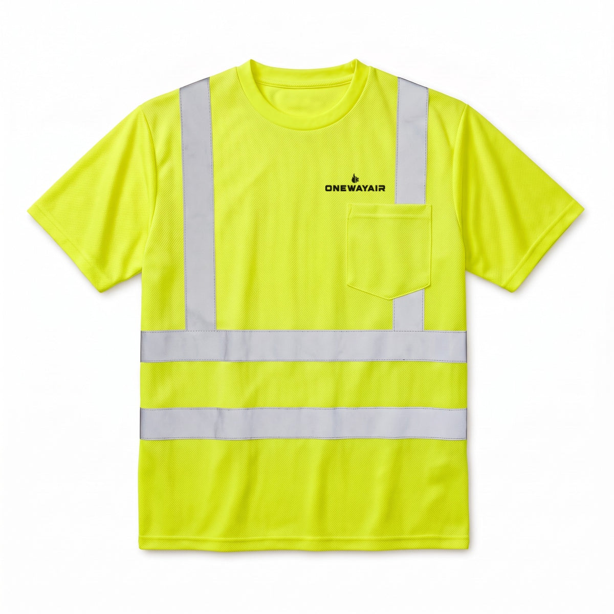 CornerStone CS401 ANSI 107 Class 2 safety pocket tee in safety yellow with a company logo printed above the left chest pocket, clear of the reflective tape