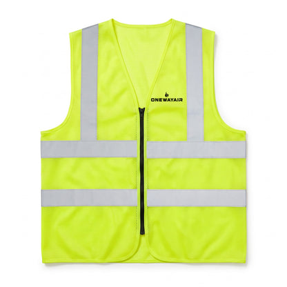 CornerStone CSV405 ANSI 107 Class 2 mesh zip vest in safety yellow with a company logo printed on the left chest, clear of the reflective tape