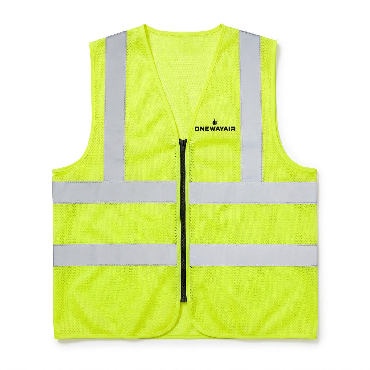 CornerStone CSV405 ANSI 107 Class 2 mesh zip vest in safety yellow with a company logo printed on the left chest, clear of the reflective tape