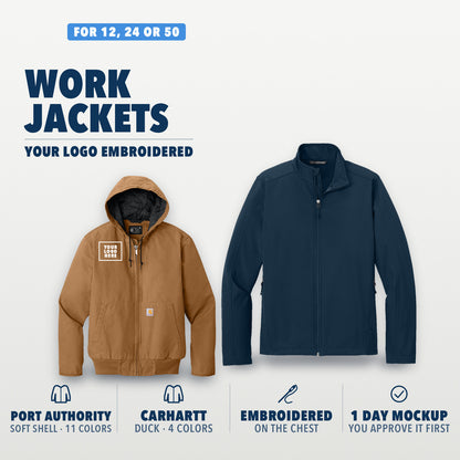 Work Jackets kit: Carhartt or Port Authority jackets with your logo embroidered on the chest