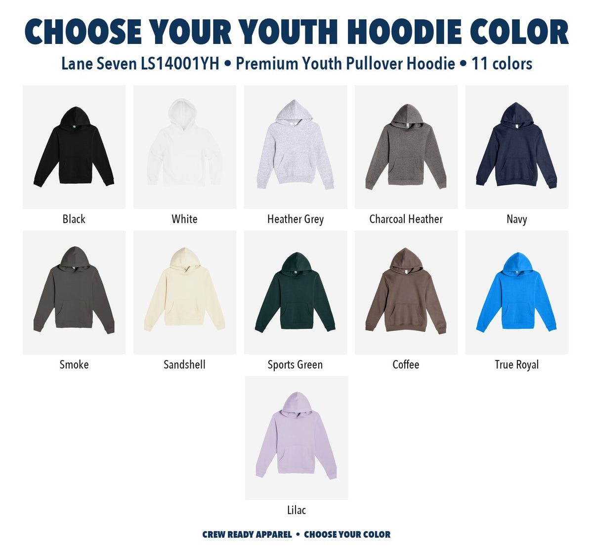 Lane Seven Premium Youth Pullover Hoodie color chart