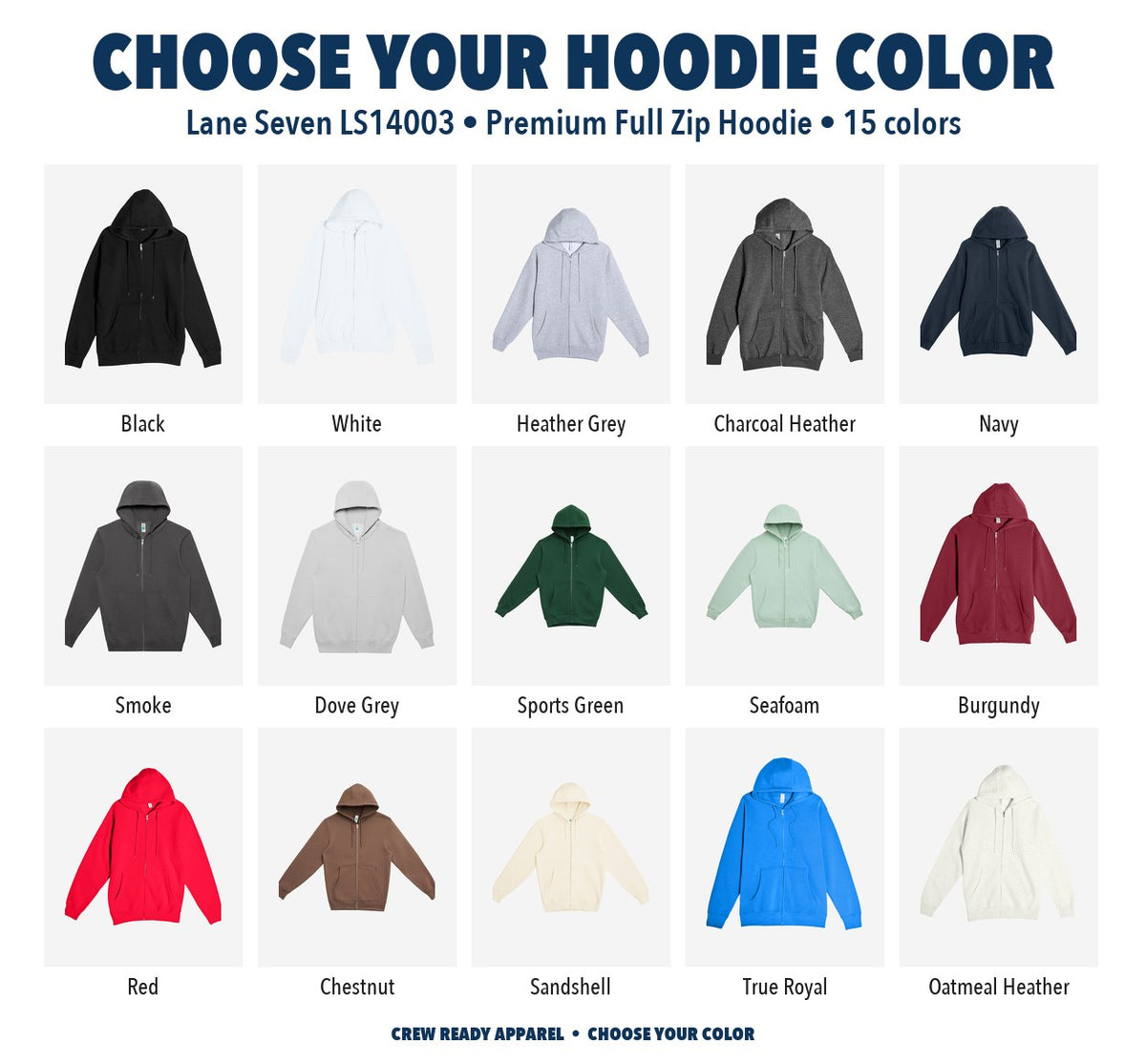 Lane Seven Premium Full Zip Hoodie color chart