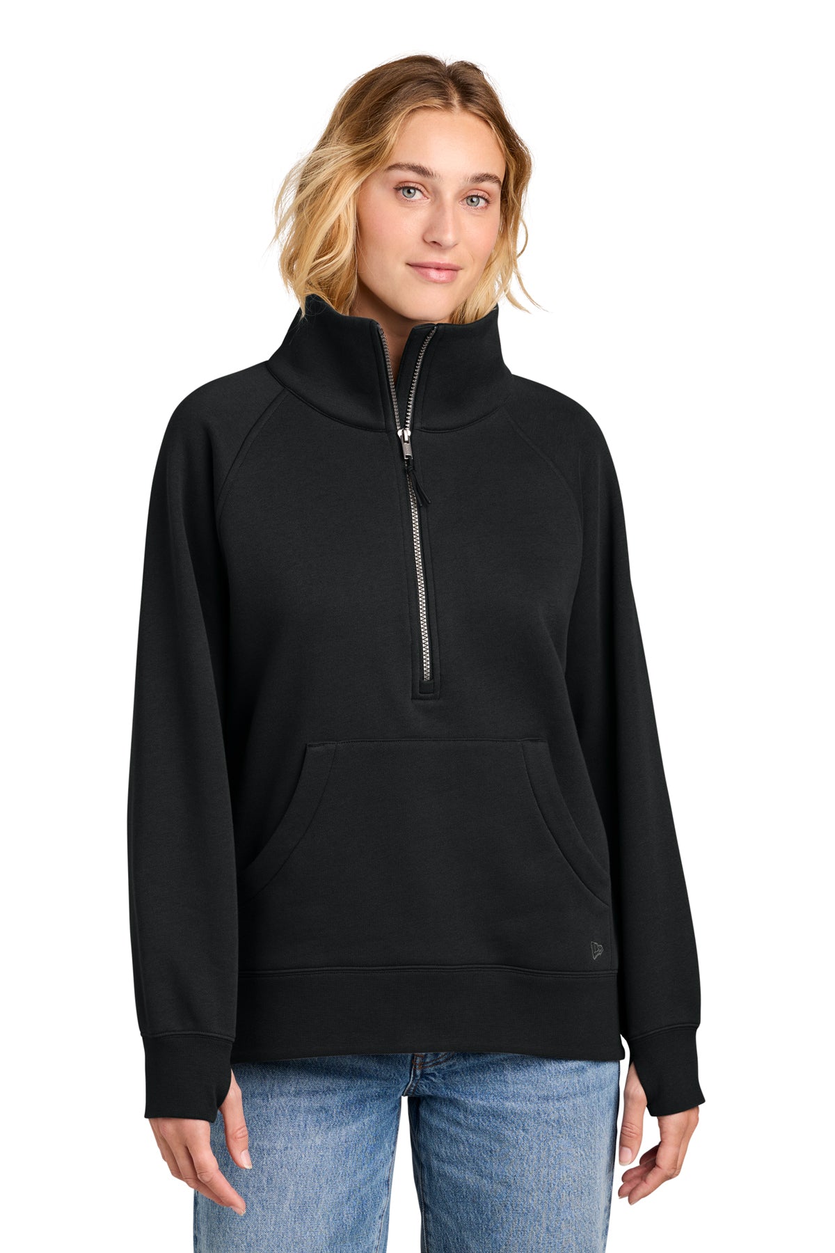 New Era Women's Heritage Fleece Half-Zip in Black, front view