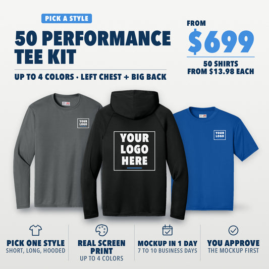 Performance Tee Kit: 50 A4 performance shirts from $699, $13.98 each. Pick one style for all 50: short sleeve, long sleeve or hooded long sleeve. Screen printed in up to 4 colors on the left chest and big back. Shown in graphite, black and royal, with your logo here boxes on the left chest and the back.