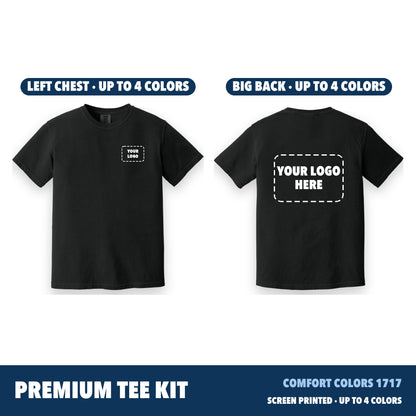 Front and back of a black Comfort Colors 1717 tee with the print areas marked: your logo on the left chest and a big print on the back, up to 4 colors each