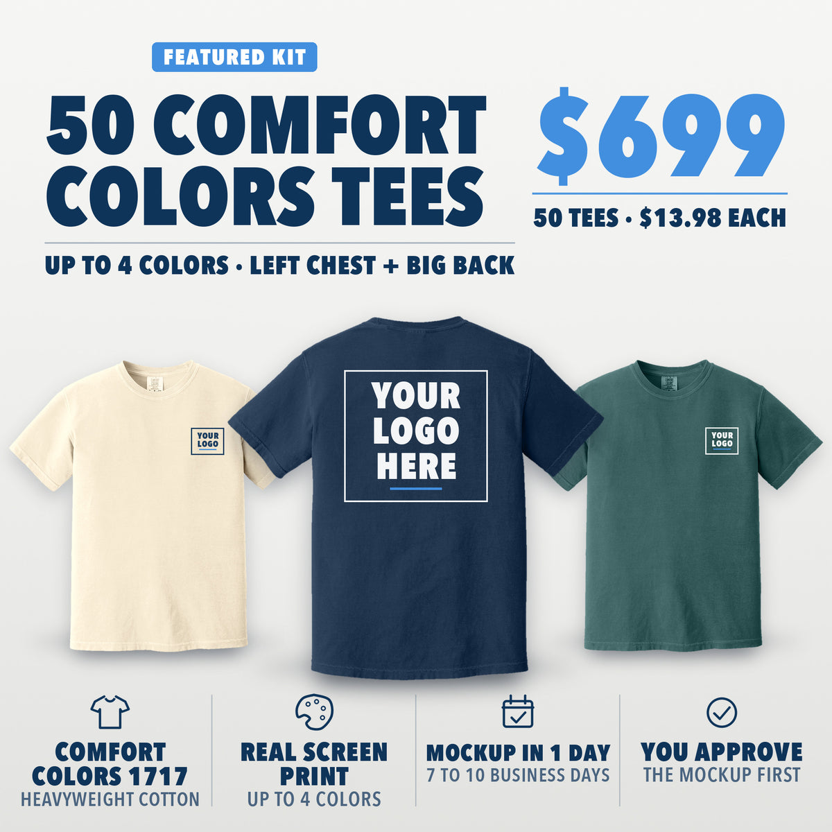 Premium Tee Kit: 50 Comfort Colors 1717 tees for $699, $13.98 each, screen printed in up to 4 colors on the left chest and big back. Shown in ivory, true navy and blue spruce, with your logo here boxes on the left chest and the back.