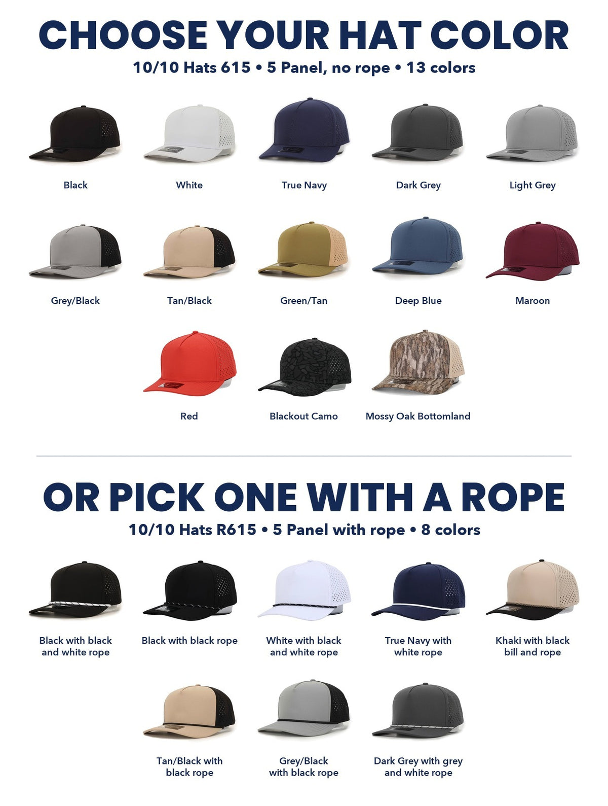 10/10 Hats 5 Panel Cap color guide showing 13 colors without a rope and 8 with a rope, with each cap and color name
