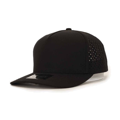 Blank black 10/10 Hats 5 Panel Cap, three-quarter view showing the laser cut holes on the side
