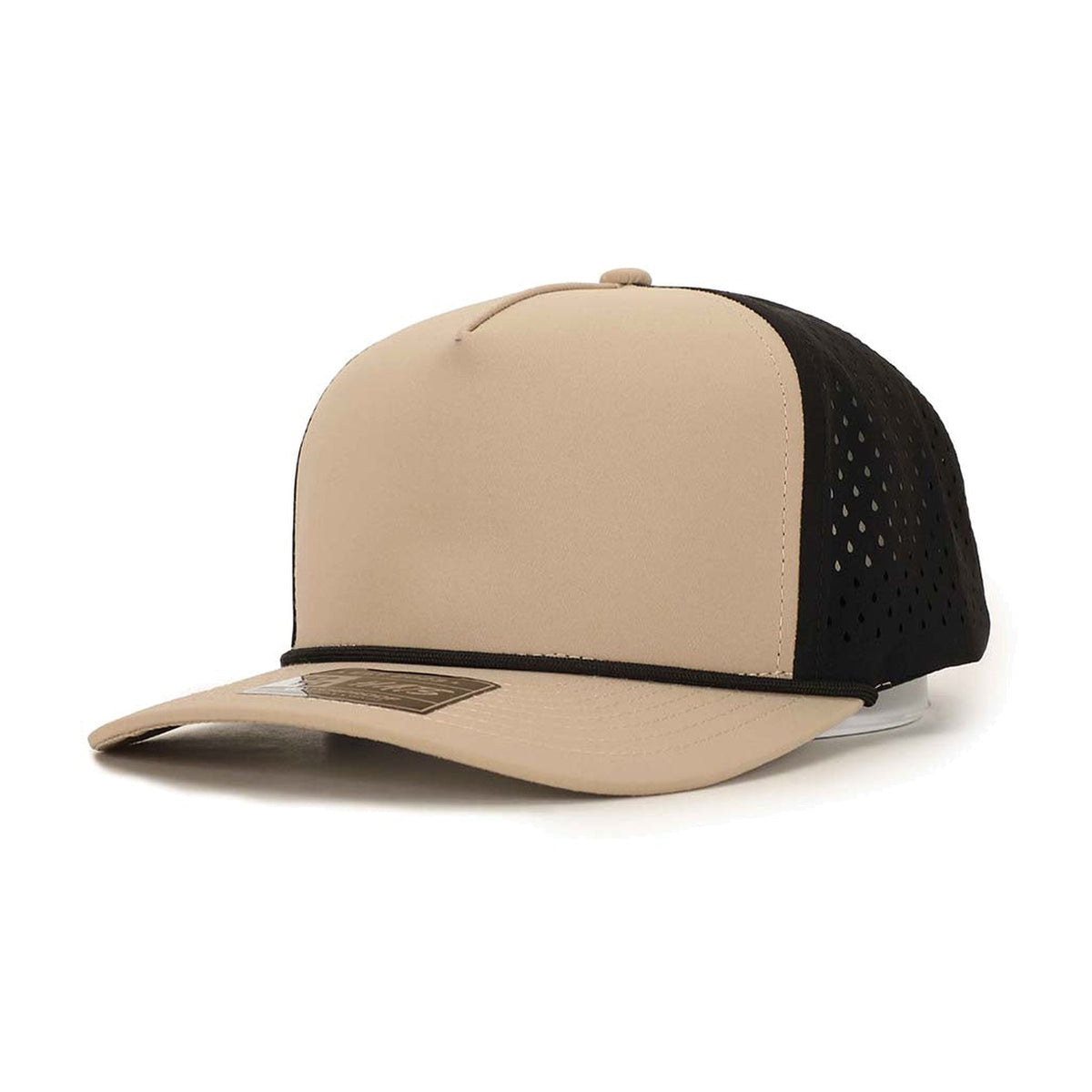 Blank 10/10 Hats 5 Panel Cap in Tan/Black with a black rope across the bill, three-quarter view