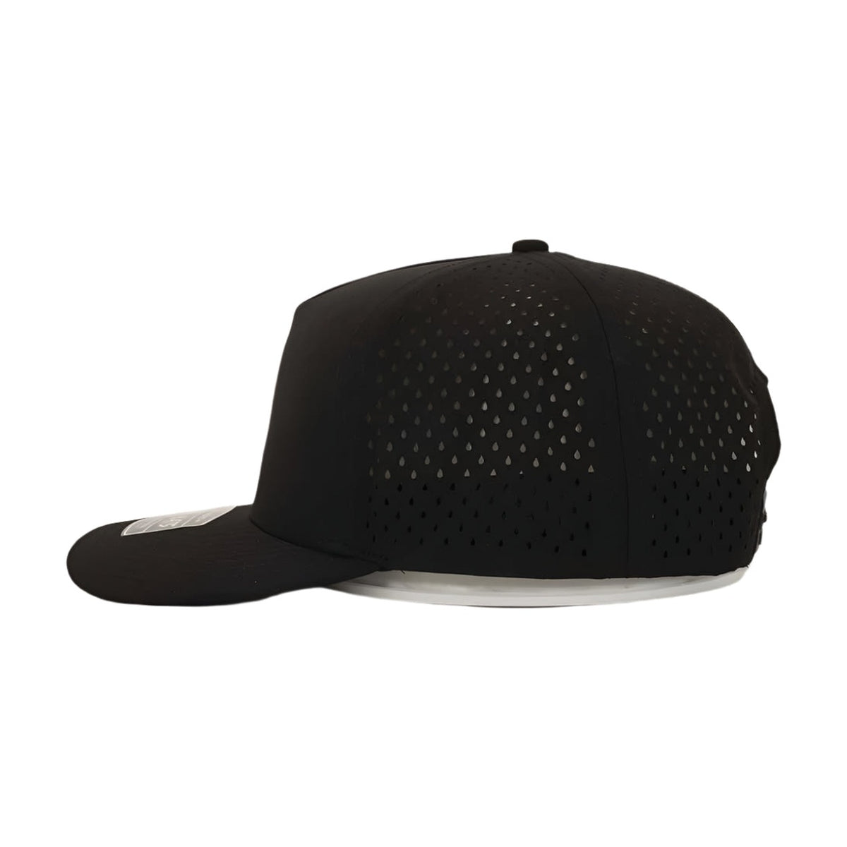 Blank black 10/10 Hats 5 Panel Cap, side view showing the laser cut holes on the side and back