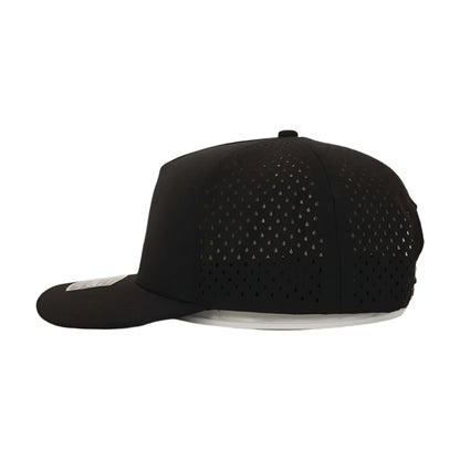 Blank black 10/10 Hats 5 Panel Cap, side view showing the laser cut holes on the side and back