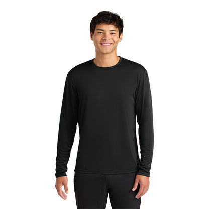 Man wearing a black A4 N3165 cooling performance long sleeve tee, front view
