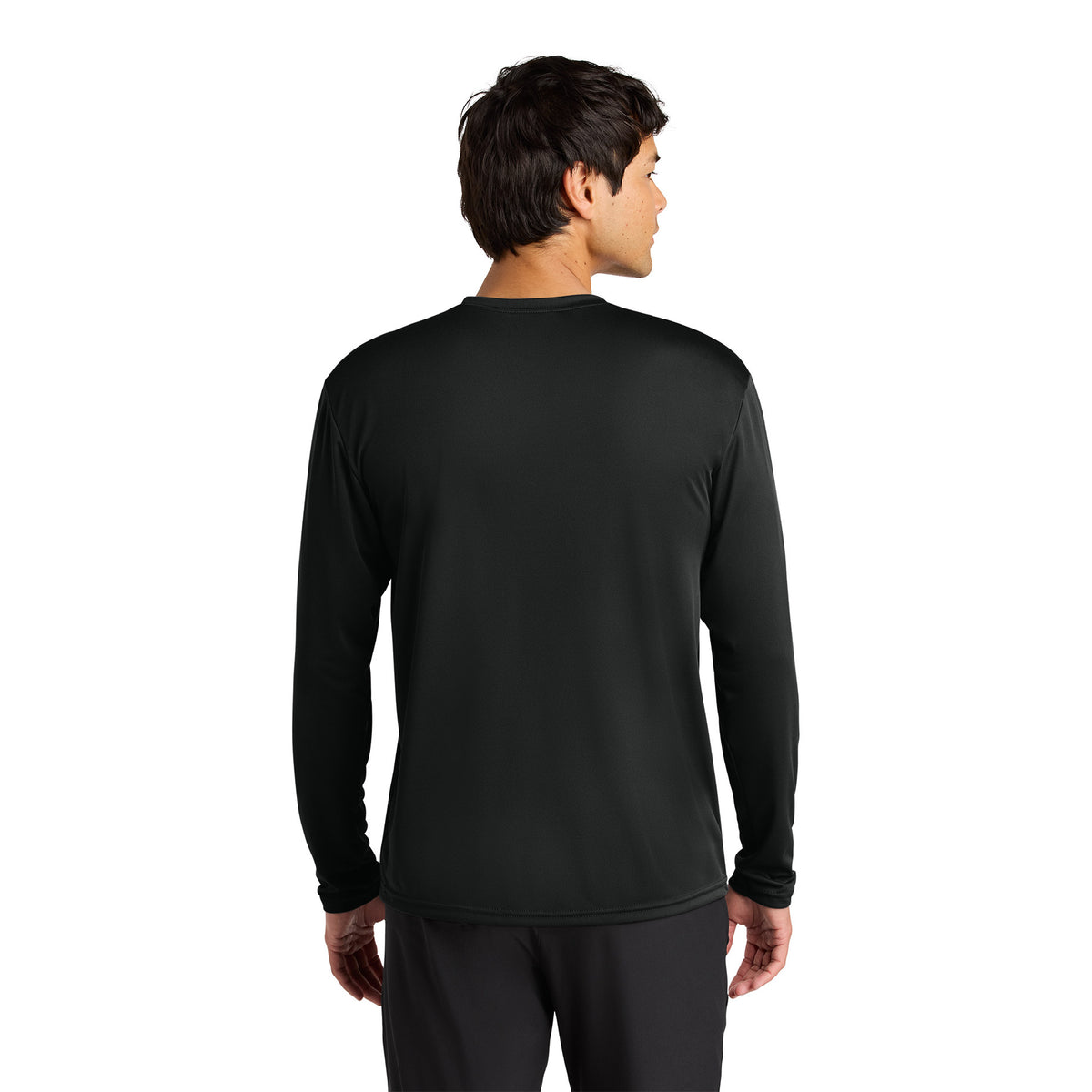 Man wearing a black A4 N3165 cooling performance long sleeve tee, back view