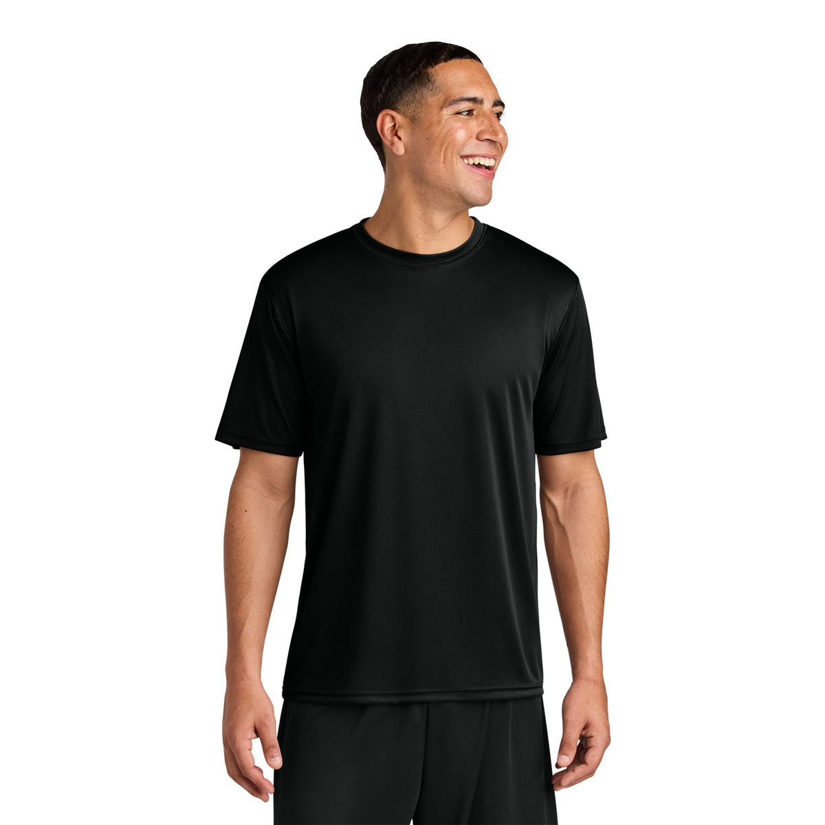 Man wearing a black A4 N3142 cooling performance tee, front view