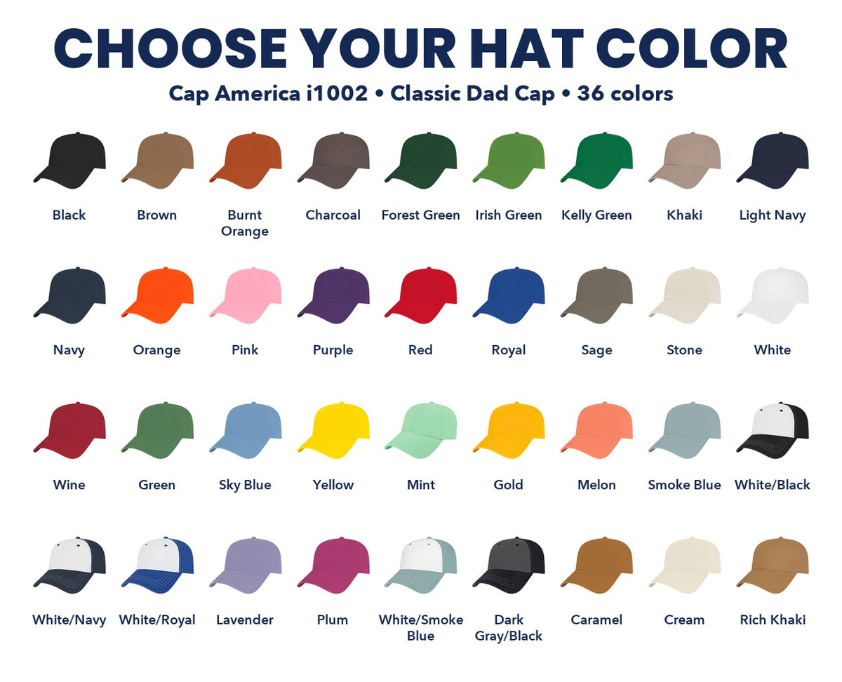 Cap America Classic Dad Cap color guide showing 36 colors, with each cap and color name