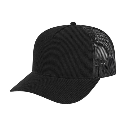 Blank black Cap America i3021 Heritage Corduroy Trucker Cap, three-quarter side view showing the mesh back
