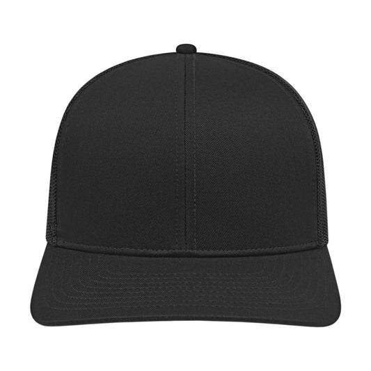 Blank black Cap America i3038 trucker cap with mesh back, front view