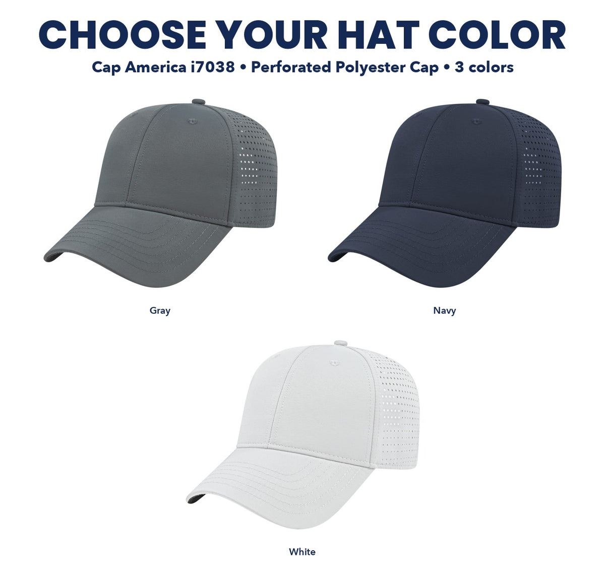 Cap America Perforated Polyester Cap color guide showing 3 colors, with each cap and color name