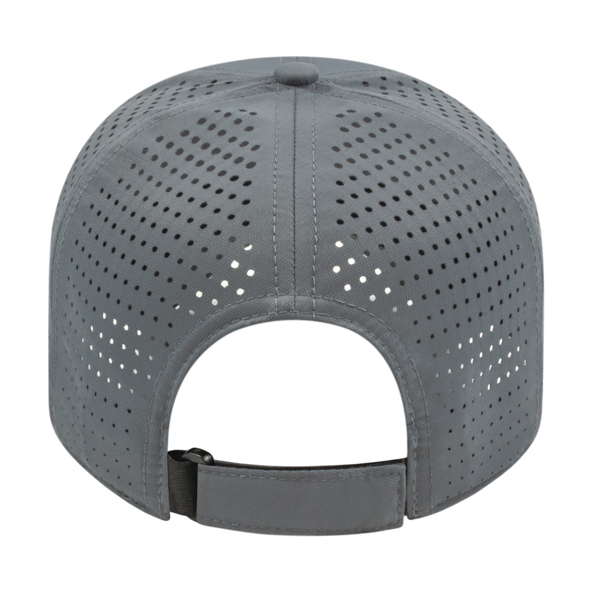 Blank gray Cap America i7038 Perforated Polyester Cap, back view showing the perforated panels and the hook and loop strap