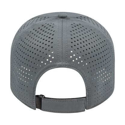 Blank gray Cap America i7038 Perforated Polyester Cap, back view showing the perforated panels and the hook and loop strap