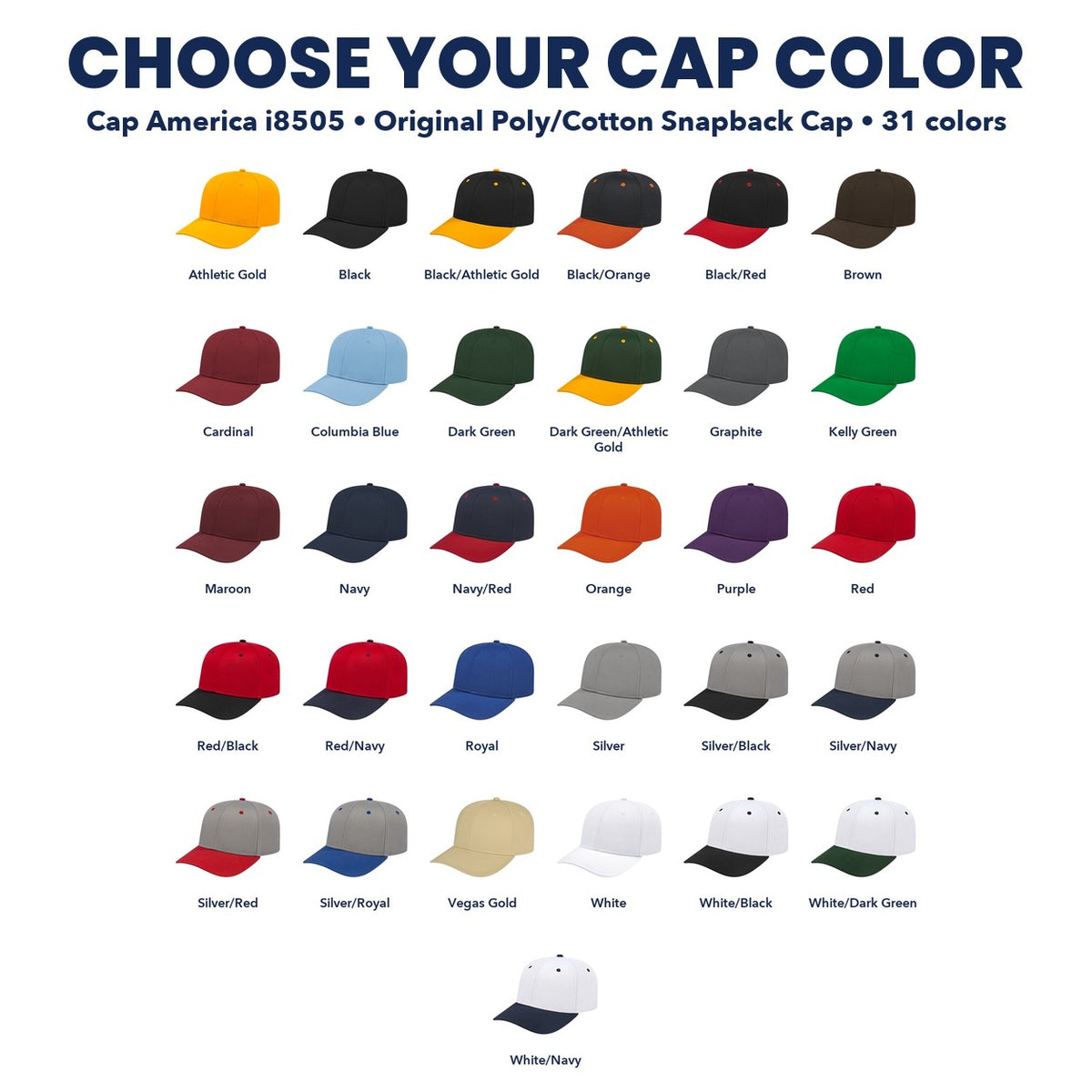 Cap America i8505 snapback cap color guide showing all 31 colors, with each cap and color name