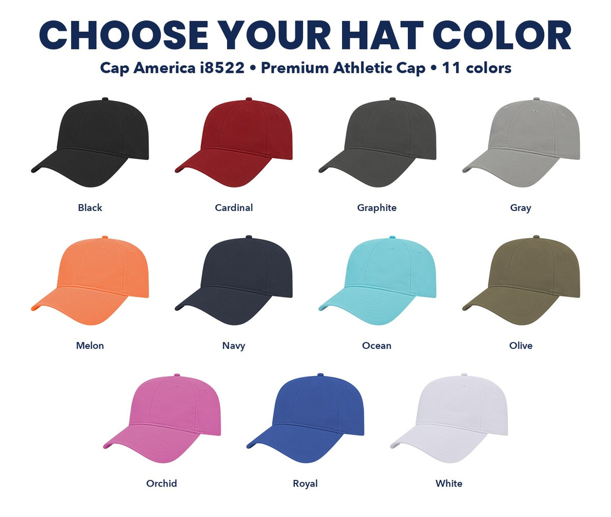 Cap America Premium Athletic Cap color guide showing 11 colors, with each cap and color name