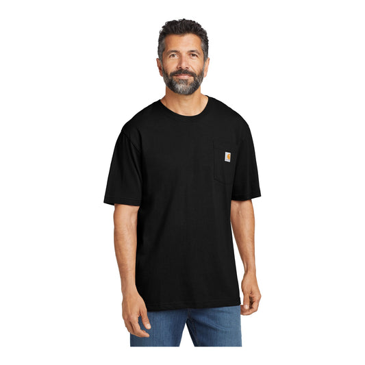 Man wearing a black Carhartt CTK87 workwear pocket tee, front view