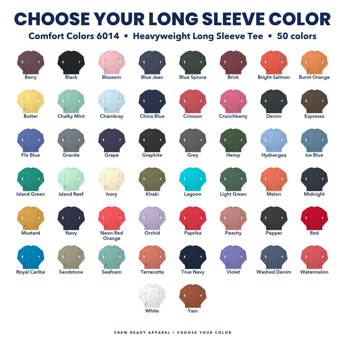 Comfort Colors 6014 long sleeve tee color guide showing all 50 colors