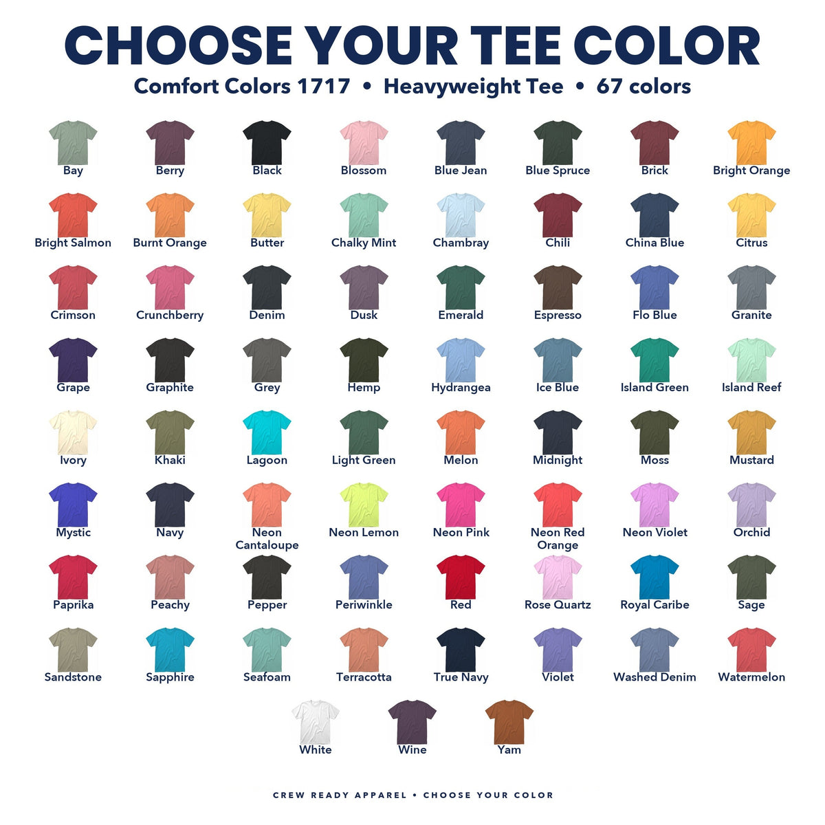 Comfort Colors 1717 tee color guide showing all 67 colors