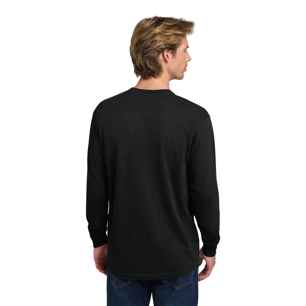 Man wearing a black Comfort Colors 6014 heavyweight long sleeve tee, back view