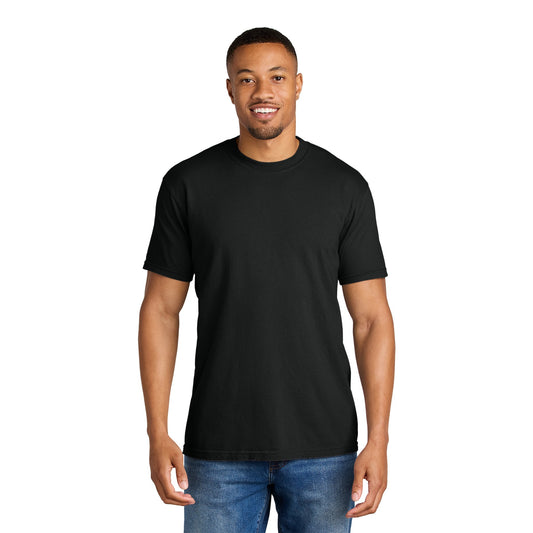 Man wearing a black Comfort Colors 1717 heavyweight ring spun tee, front view