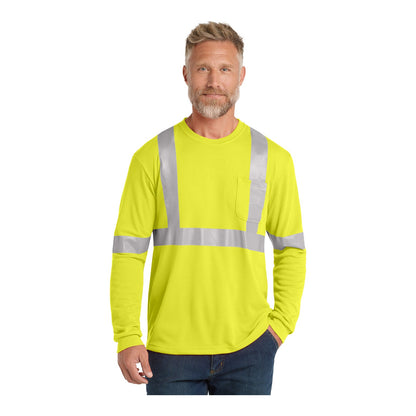 Man wearing a safety yellow CornerStone CS401LS Class 2 long sleeve safety tee with silver reflective tape, front view