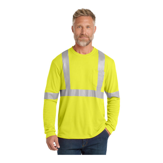Man wearing a safety yellow CornerStone CS401LS Class 2 long sleeve safety tee with silver reflective tape, front view