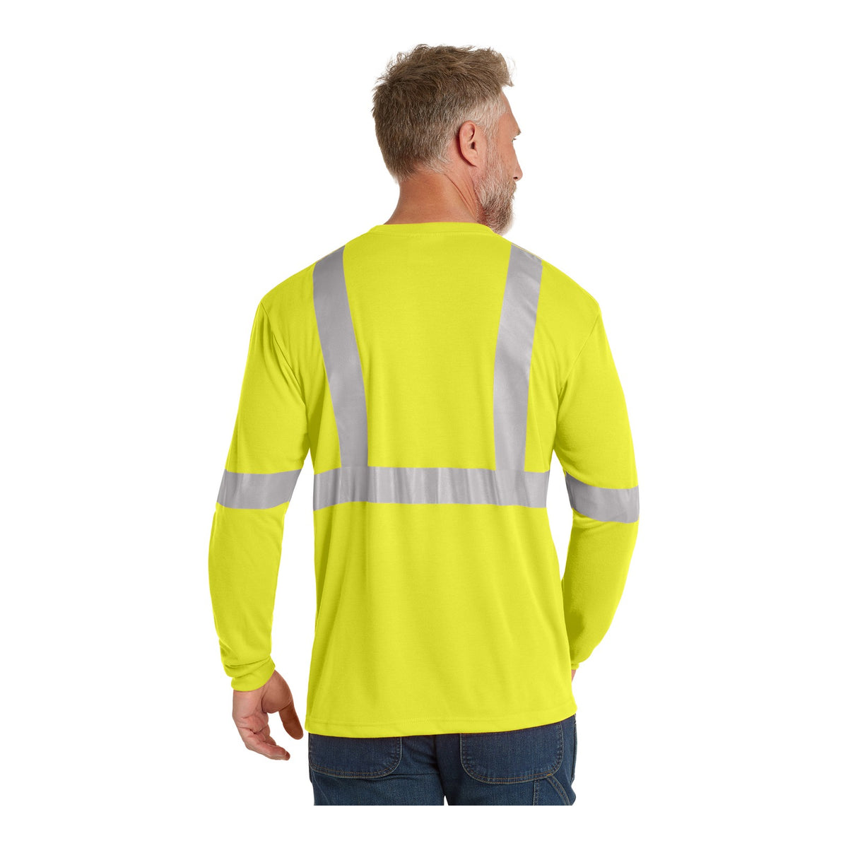 Back of a safety yellow CornerStone CS401LS Class 2 long sleeve safety tee with silver reflective tape