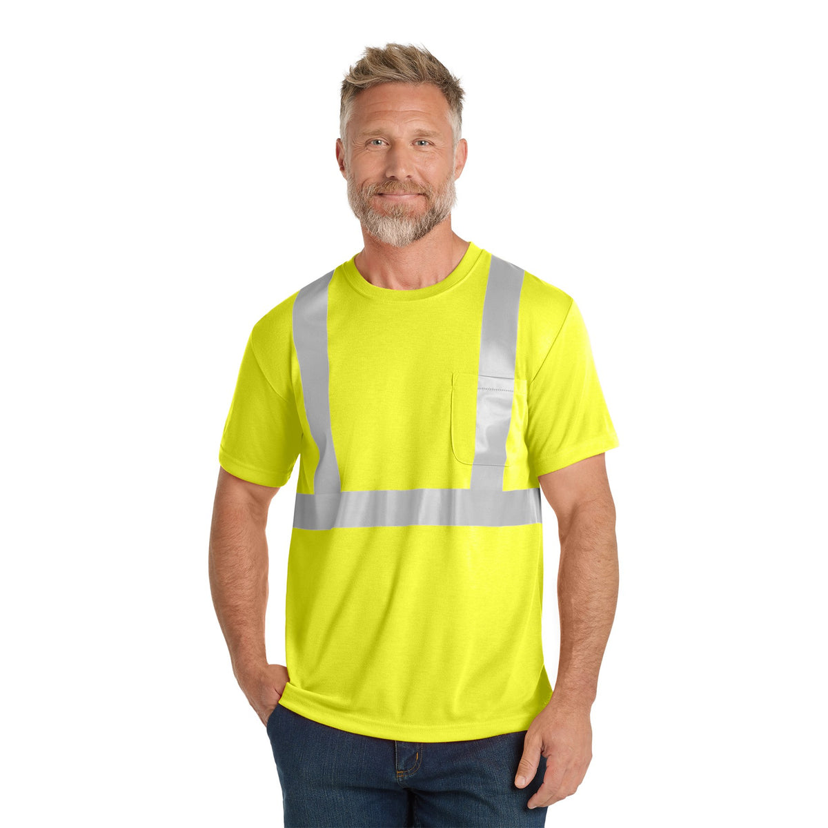 Man wearing a safety yellow CornerStone CS401 Class 2 safety tee with reflective tape and chest pocket, front view