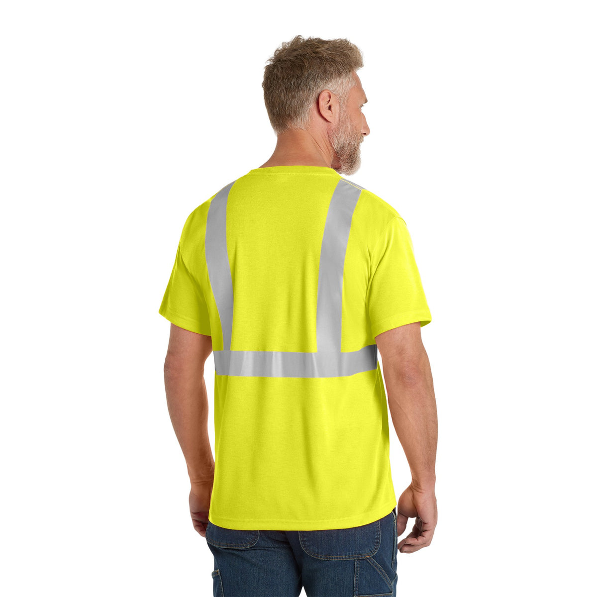 Man wearing a safety yellow CornerStone CS401 Class 2 safety tee showing the reflective tape across the back, back view