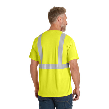 Man wearing a safety yellow CornerStone CS401 Class 2 safety tee showing the reflective tape across the back, back view