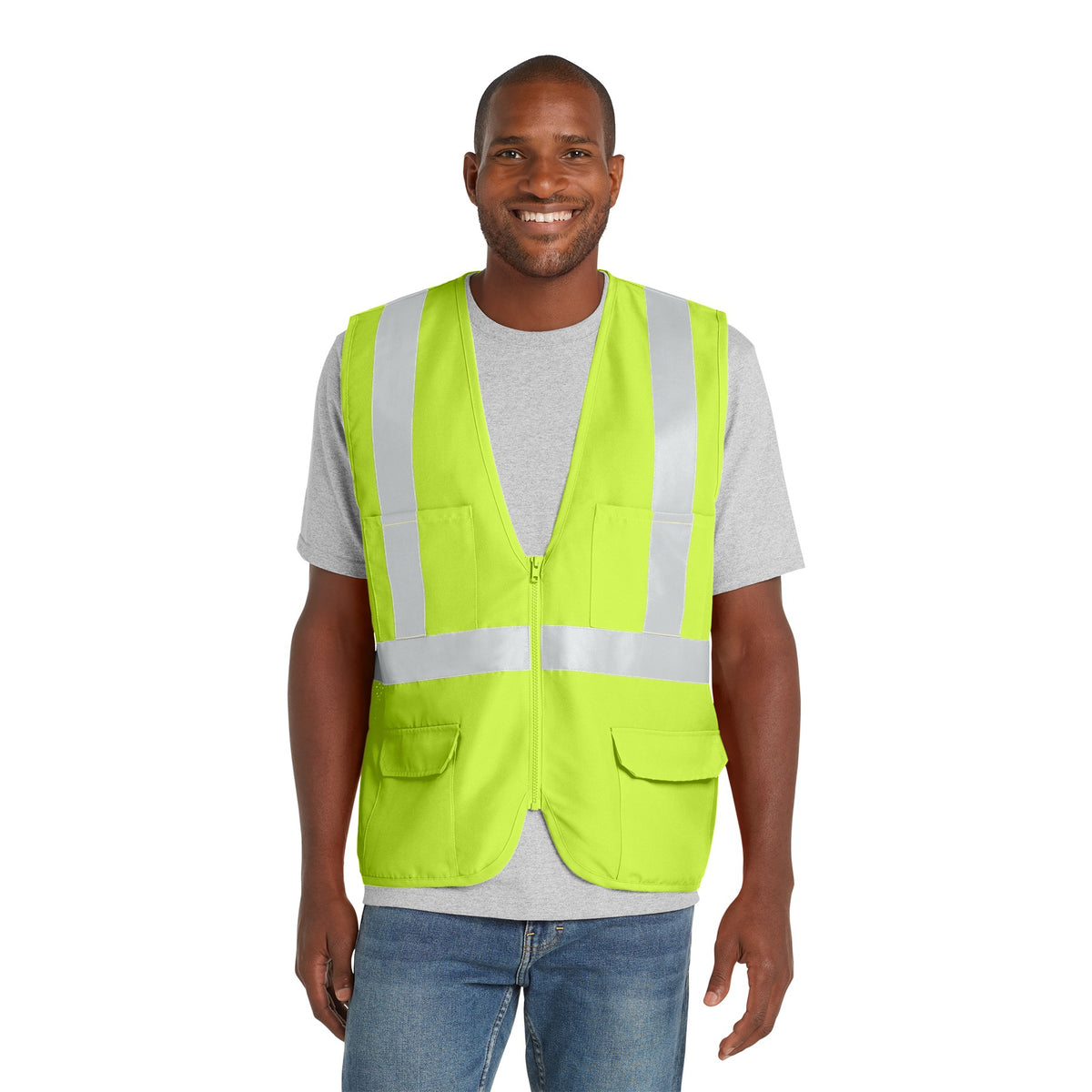 Man wearing a safety yellow CornerStone CSV405 Class 2 safety vest with reflective stripes, front view