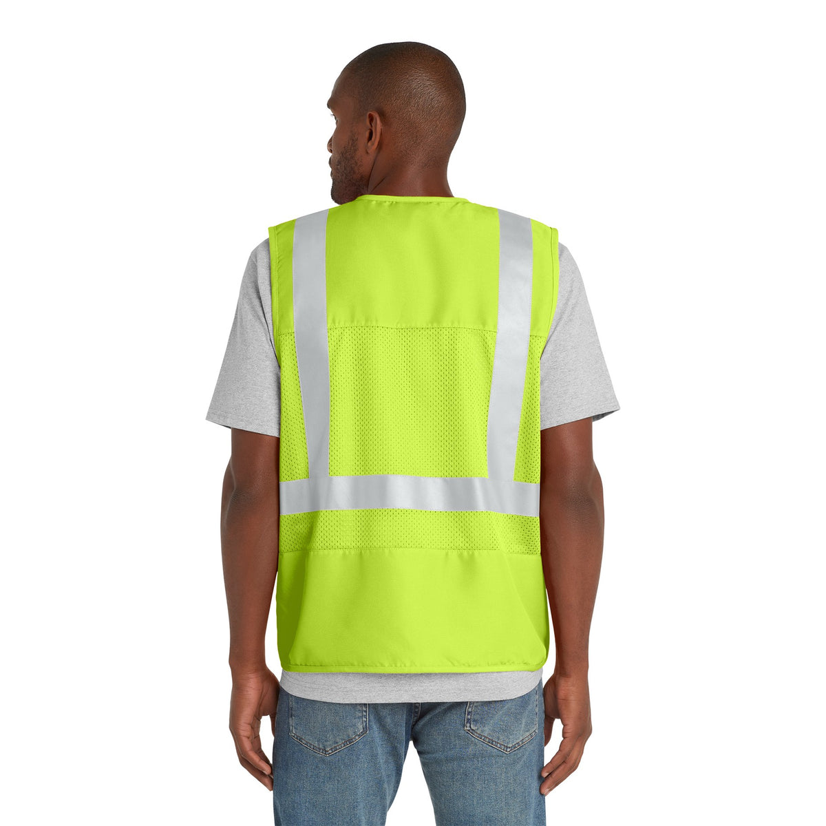 Man wearing a safety yellow CornerStone CSV405 Class 2 safety vest, back view showing the mesh back panel and reflective stripes