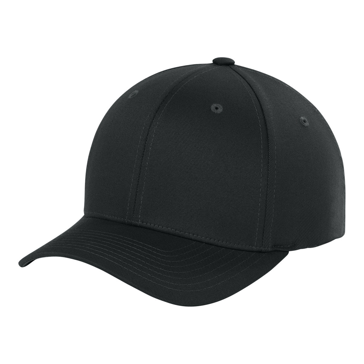 Black Flexfit 6277 wooly combed fitted cap, blank, front three-quarter view