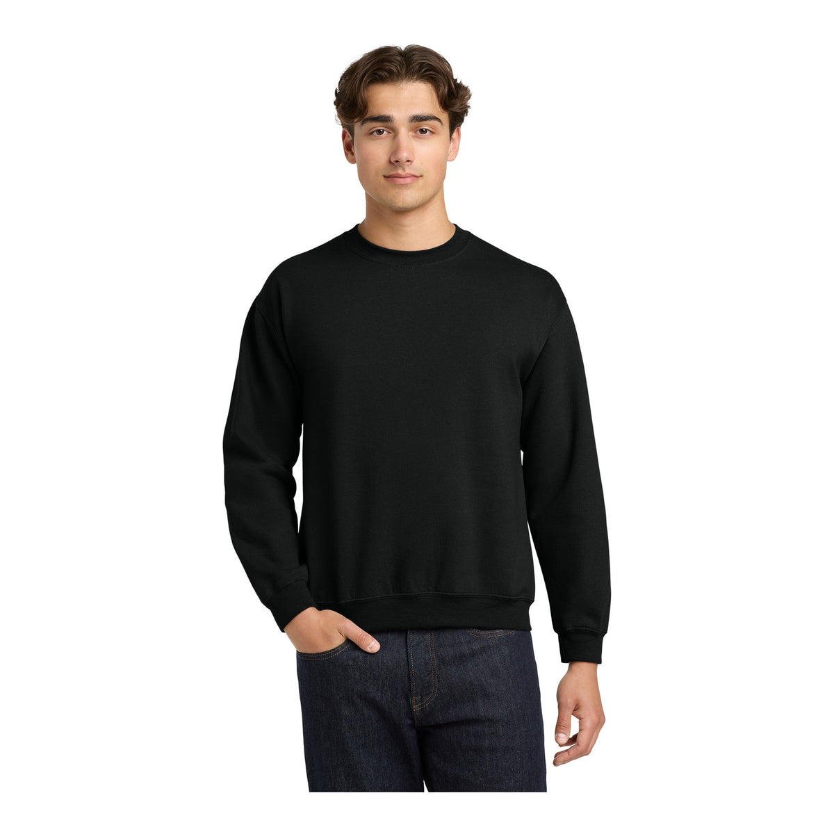 Man wearing a black Gildan 18000 heavy blend crewneck sweatshirt, front view
