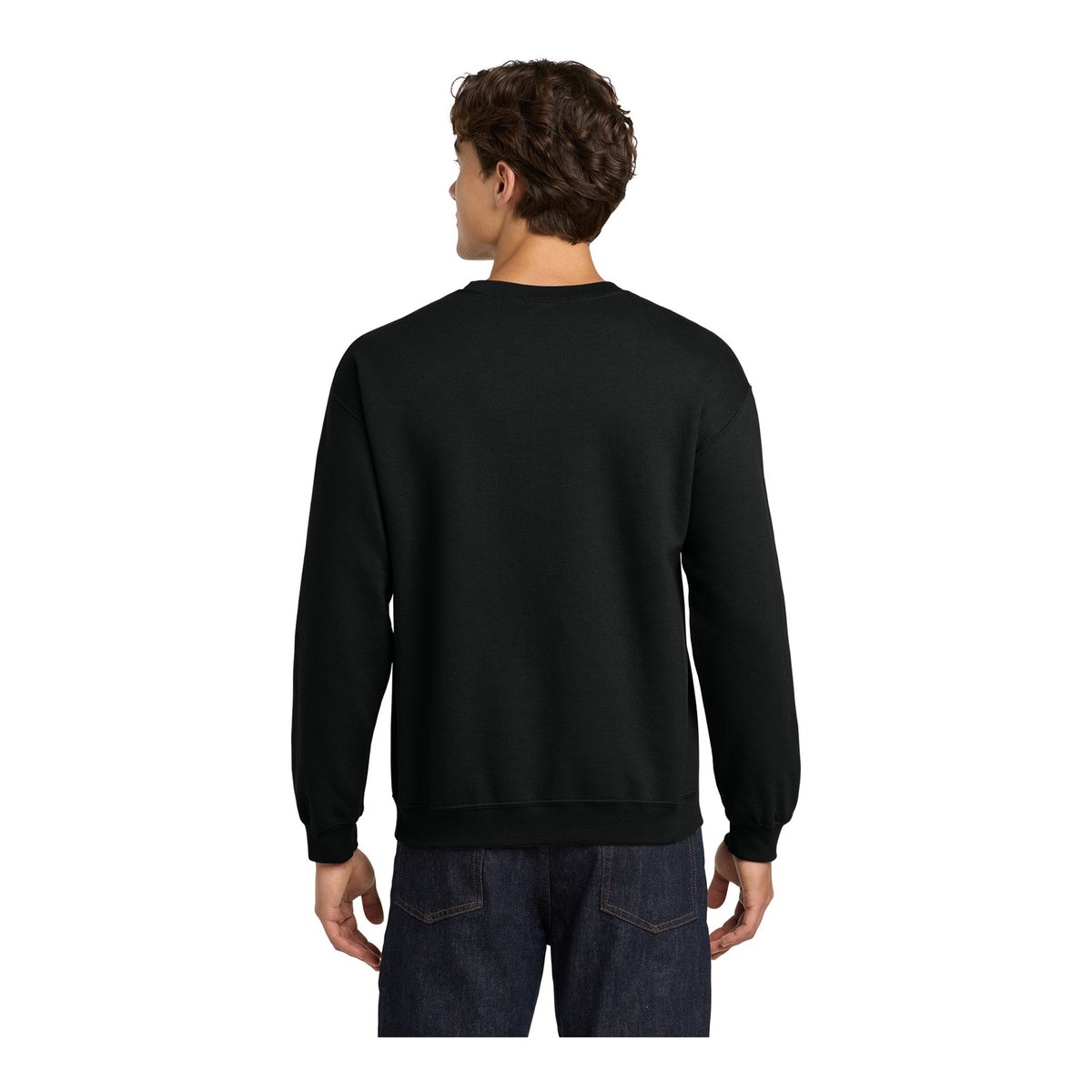 Back of a black Gildan 18000 heavy blend crewneck sweatshirt