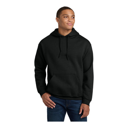 Man wearing a black Gildan 18500 heavy blend hooded sweatshirt, front view