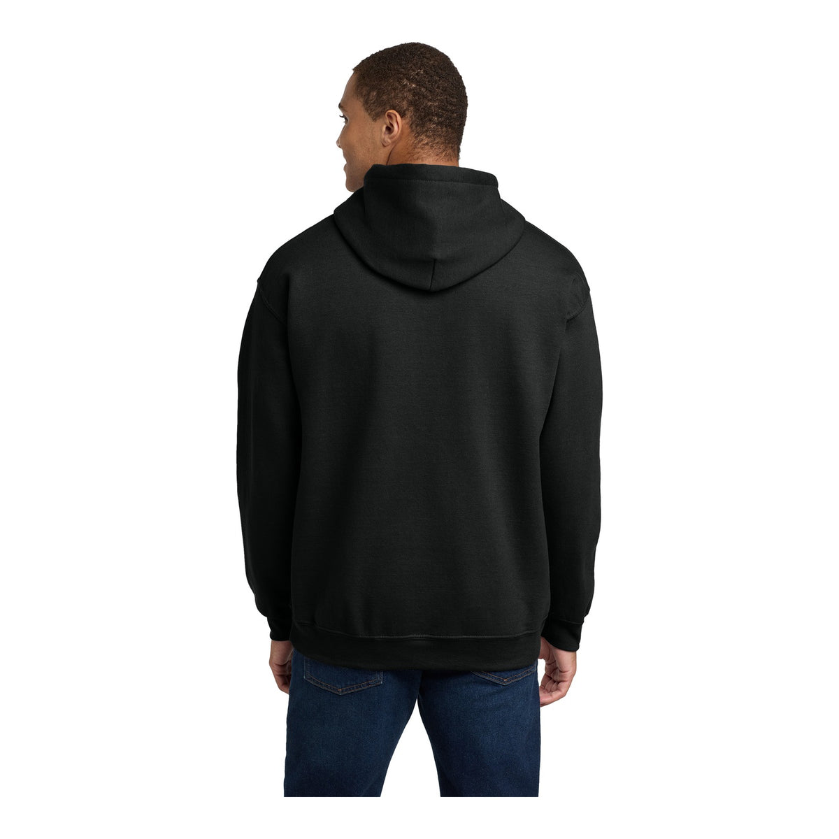 Back of a black Gildan 18500 heavy blend hooded sweatshirt