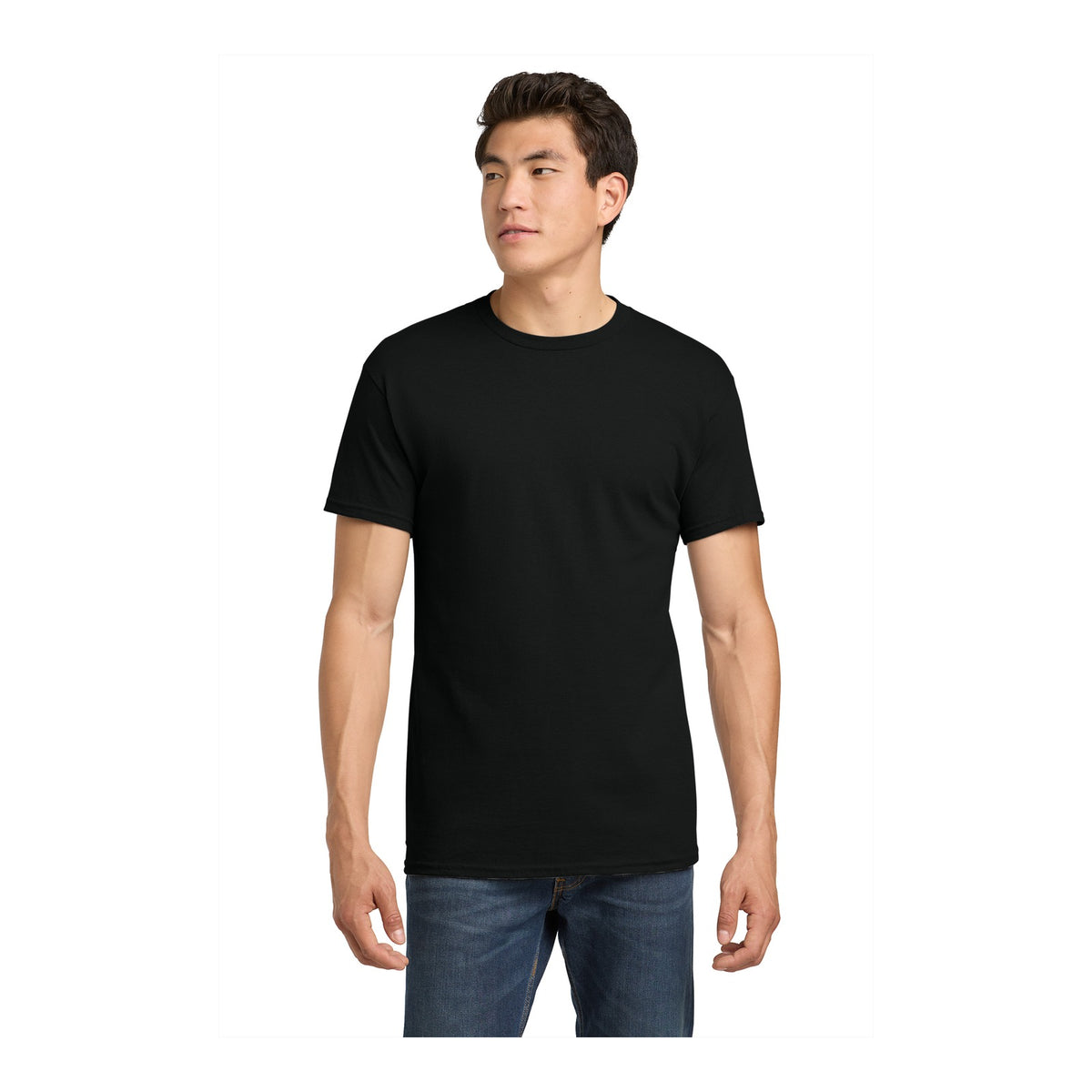 Man wearing a black Gildan 5000 heavy cotton tee, front view