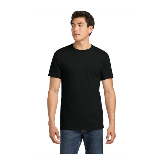 Man wearing a black Gildan 5000 heavy cotton tee, front view
