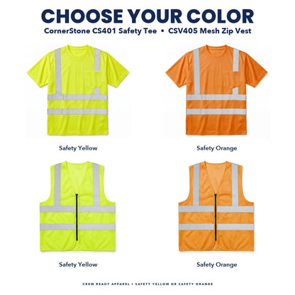 Color guide for the CornerStone CS401 safety tee and CSV405 mesh zip vest in Safety Yellow or Safety Orange