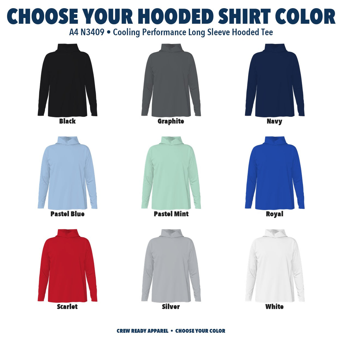 A4 N3409 cooling performance hooded long sleeve tee color guide, all 9 colors