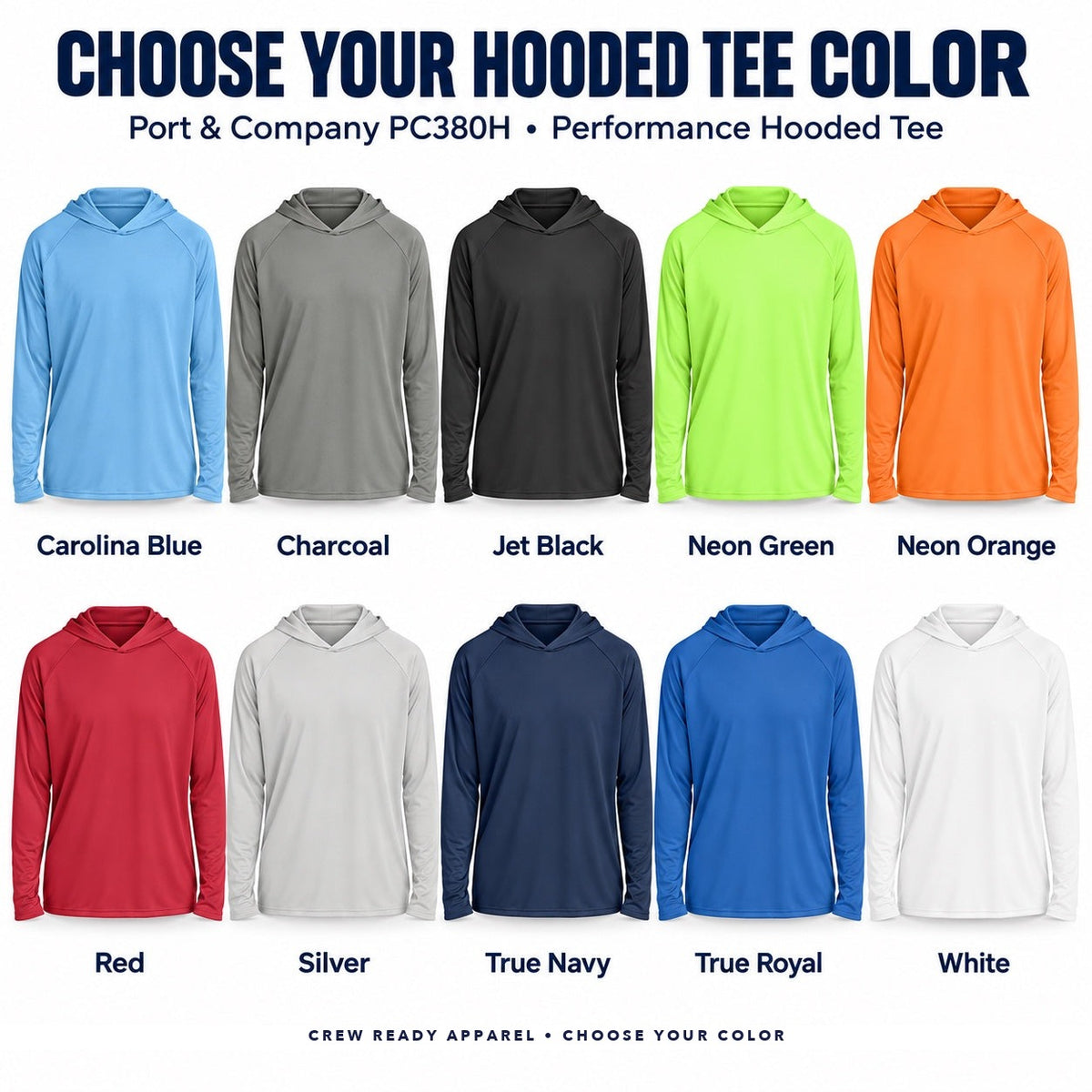 Port & Company PC380H performance hooded tee color guide showing all 10 colors, with each shirt and color name